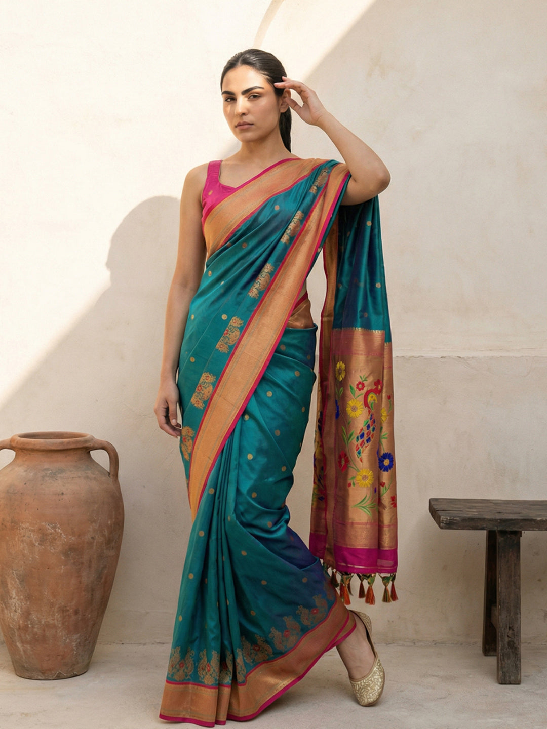 Peacock Blue Soft Traditional Paithani Silk Zari Woven Peacock Pattern Saree
