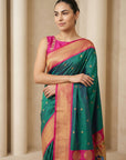 Peacock Blue Soft Paithani Silk Zari Woven Saree with Peacock Pallu
