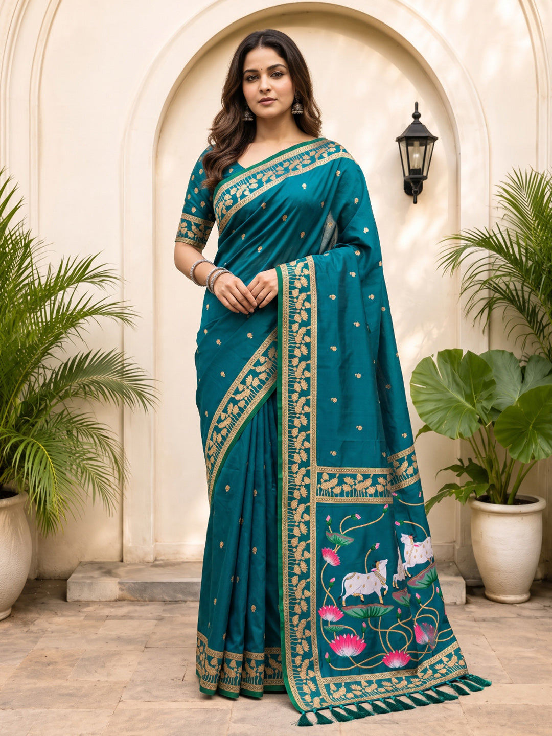 Peacock Blue Soft Zari Woven Saree with Lotus Pichwai Concept Pallu