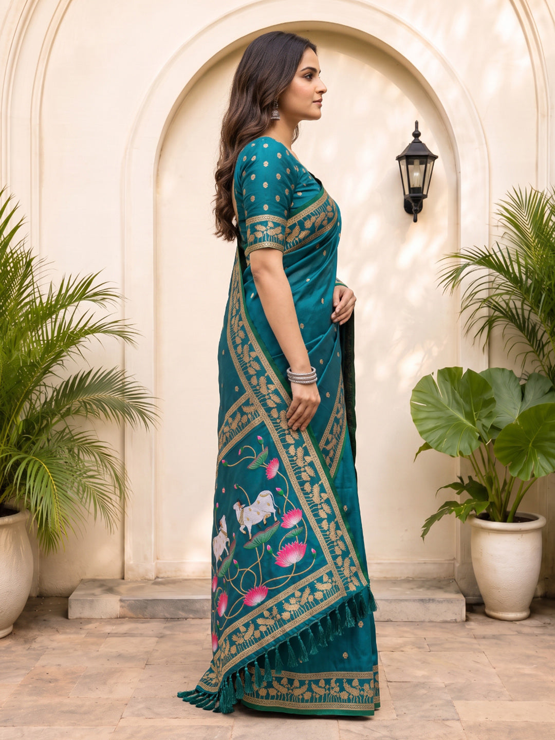 Peacock Blue Soft Zari Woven Saree with Lotus Pichwai Concept Pallu