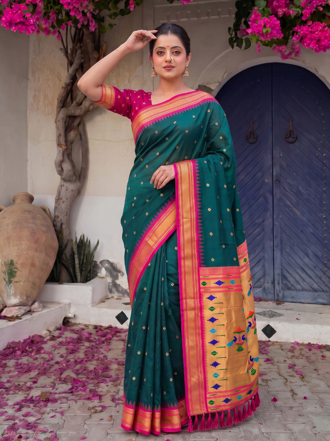 Peacock Blue Premium Traditional Maharani Paithani Silk Saree