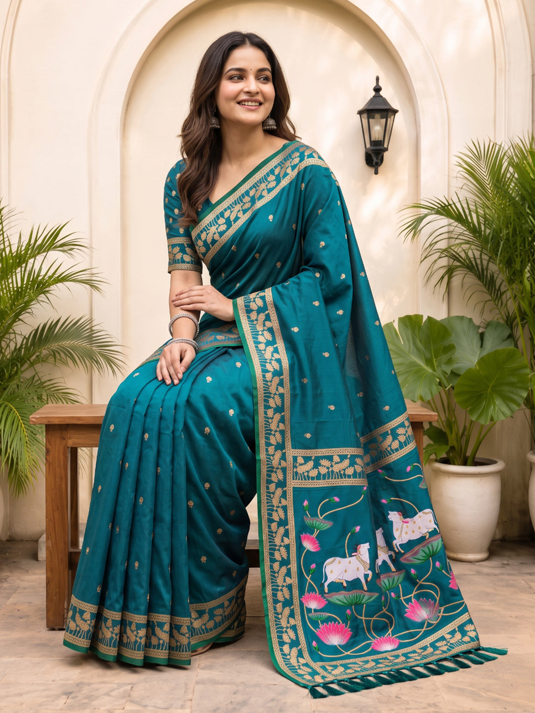 Peacock Blue Soft Zari Woven Saree with Lotus Pichwai Concept Pallu