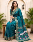 Peacock Blue Soft Zari Woven Saree with Lotus Pichwai Concept Pallu