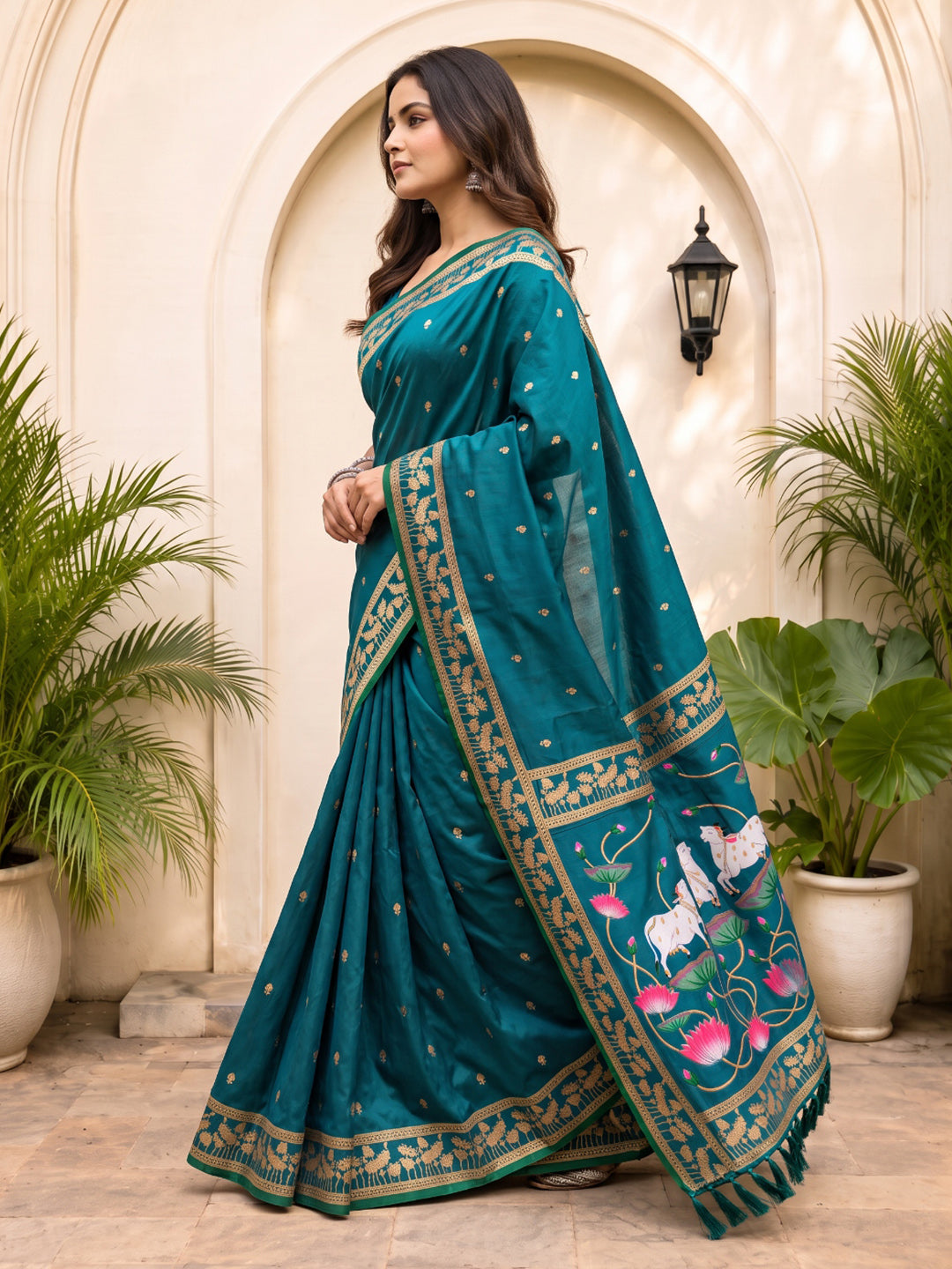 Peacock Blue Soft Zari Woven Saree with Lotus Pichwai Concept Pallu