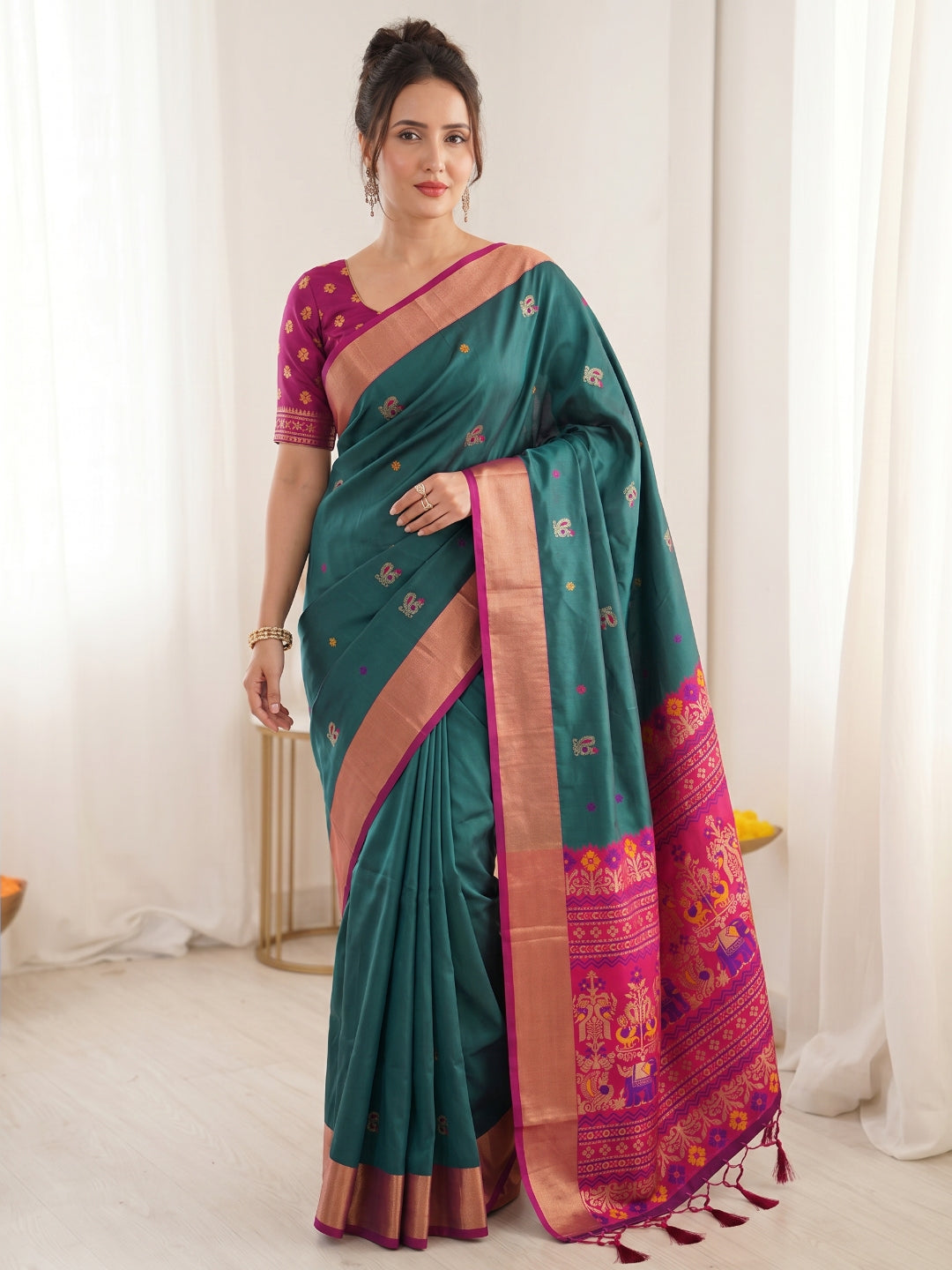 Peacock Blue Traditional Soft Silk Saree with Floral &amp; Peacock Pattern Saree