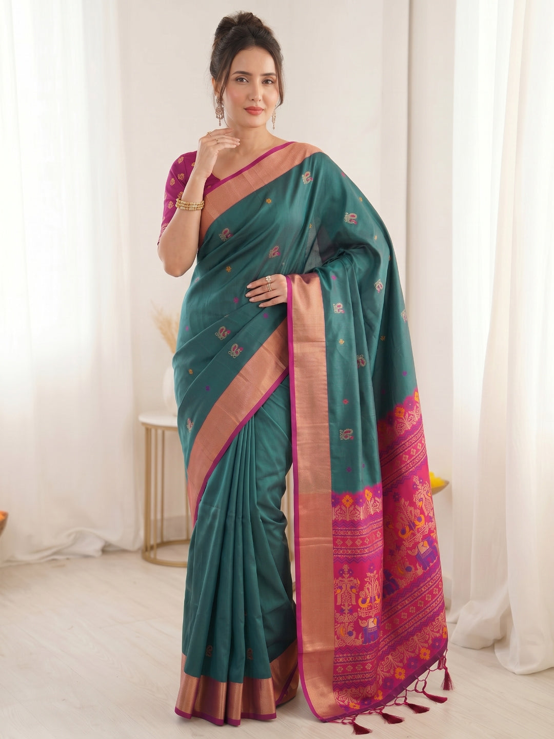 Peacock Blue Traditional Soft Silk Saree with Floral &amp; Peacock Pattern Saree