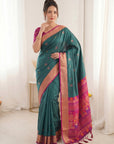 Peacock Blue Traditional Soft Silk Saree with Floral & Peacock Pattern Saree