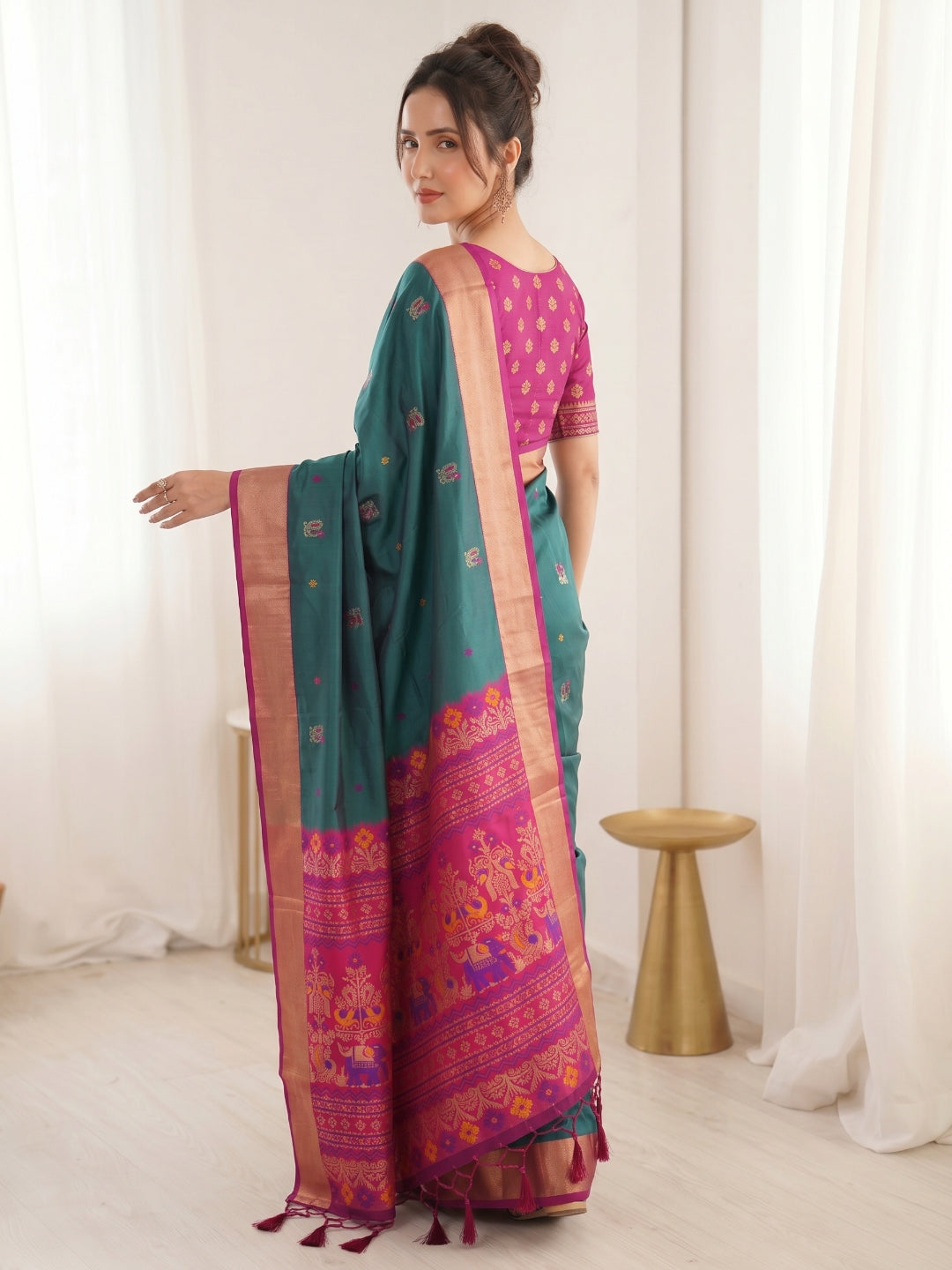 Peacock Blue Traditional Soft Silk Saree with Floral &amp; Peacock Pattern Saree