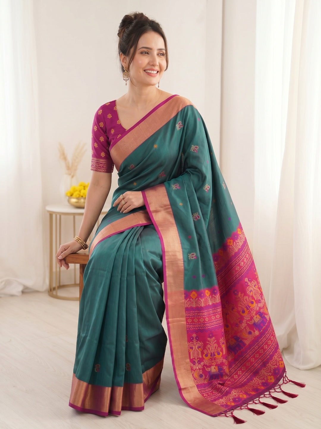 Peacock Blue Traditional Soft Silk Saree with Floral &amp; Peacock Pattern Saree