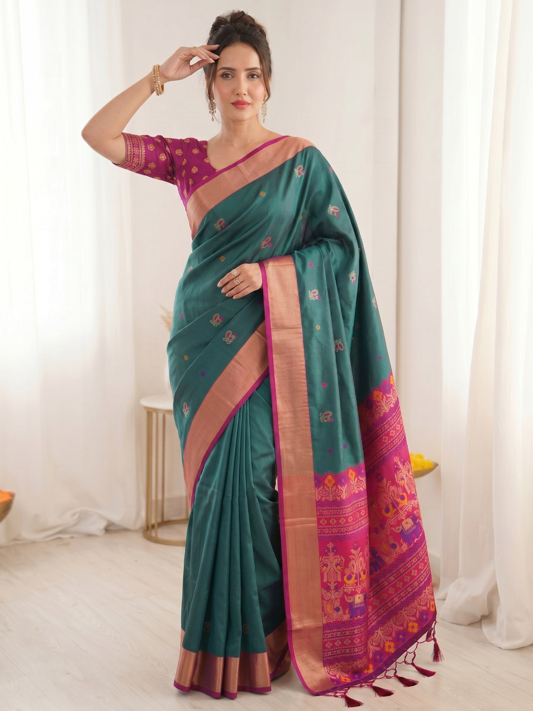 Peacock Blue Traditional Soft Silk Saree with Floral &amp; Peacock Pattern Saree