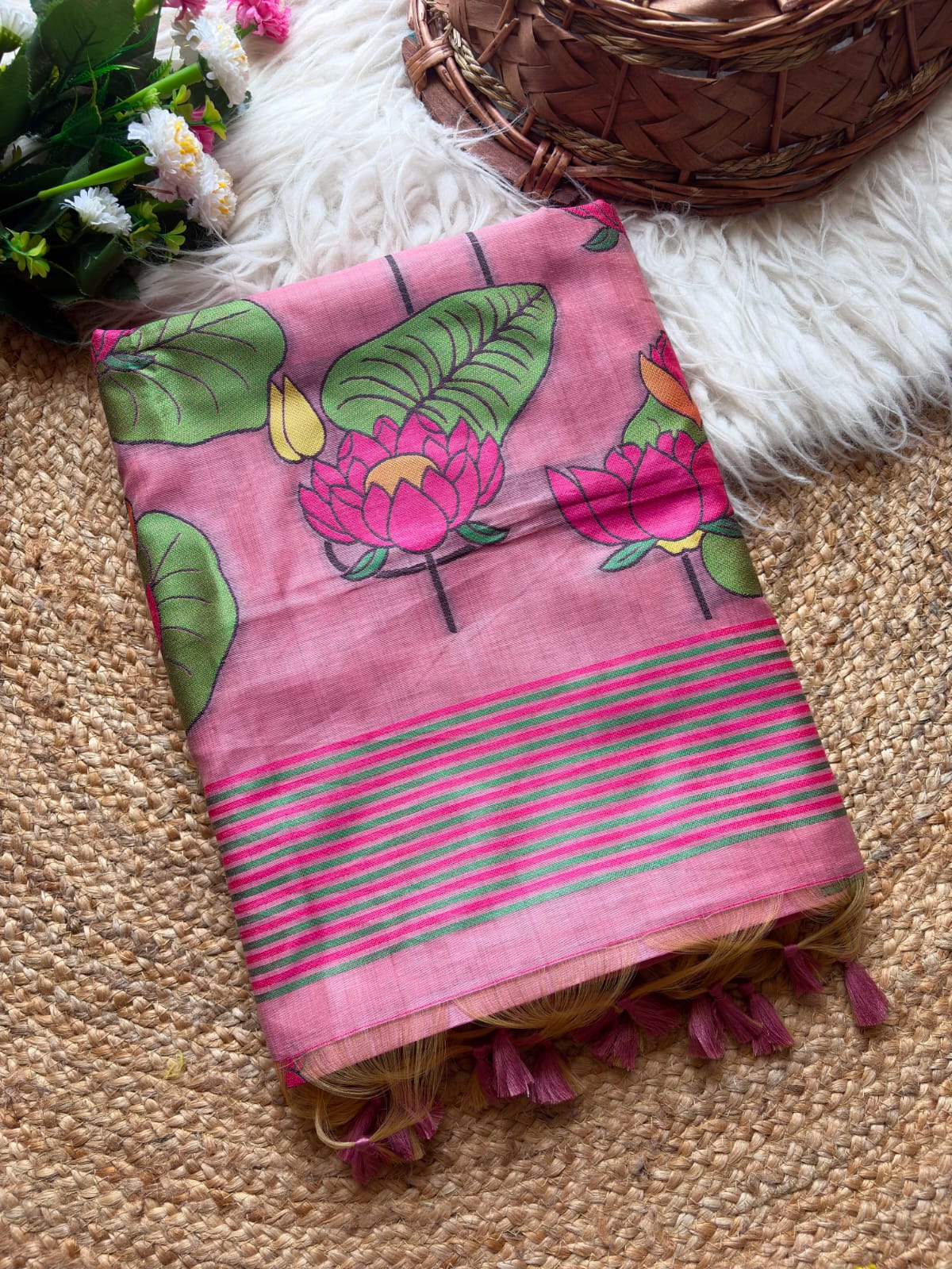 Pink Soft Flora Cotton Resham Saree with Lotus Pattern Saree