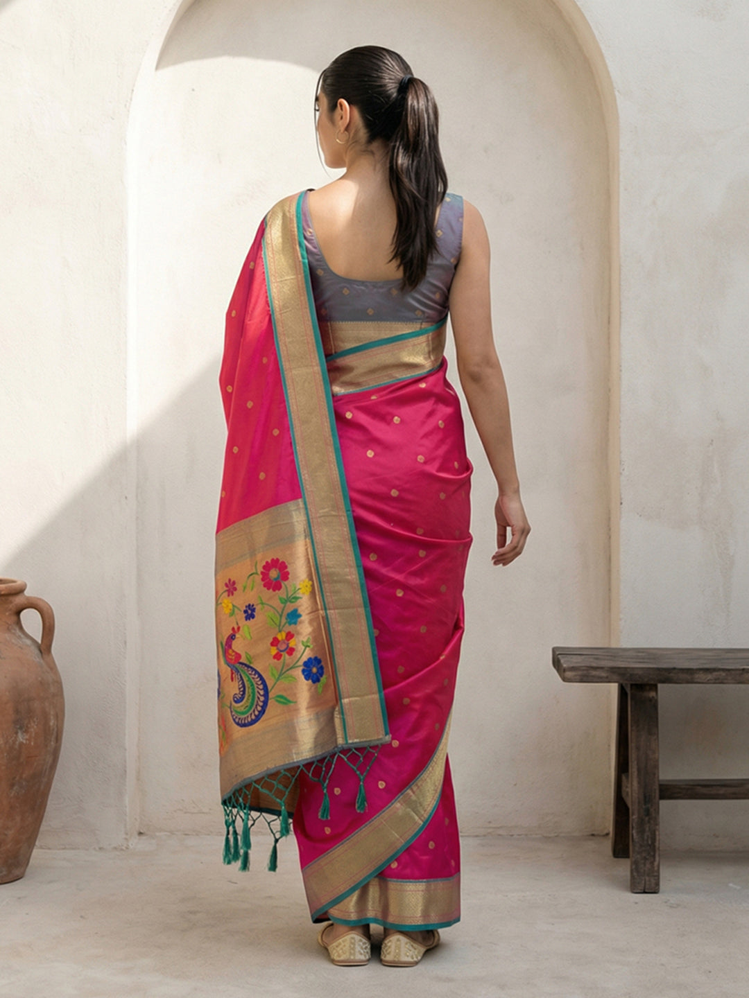 Pink Soft Traditional Paithani Silk Zari Woven Peacock Pattern Saree
