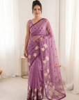Pink Soft Oris Silk with Floral Applique Work Saree
