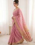 Pink Soft Linen Cotton Paithani Saree with Meenakari Pichwai Lotus Pallu