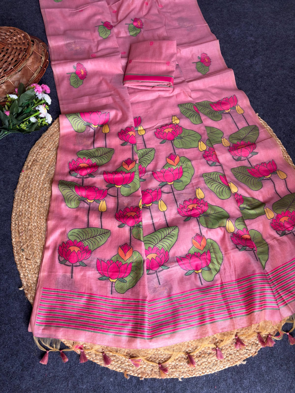 Pink Soft Flora Cotton Resham Saree with Lotus Pattern Saree