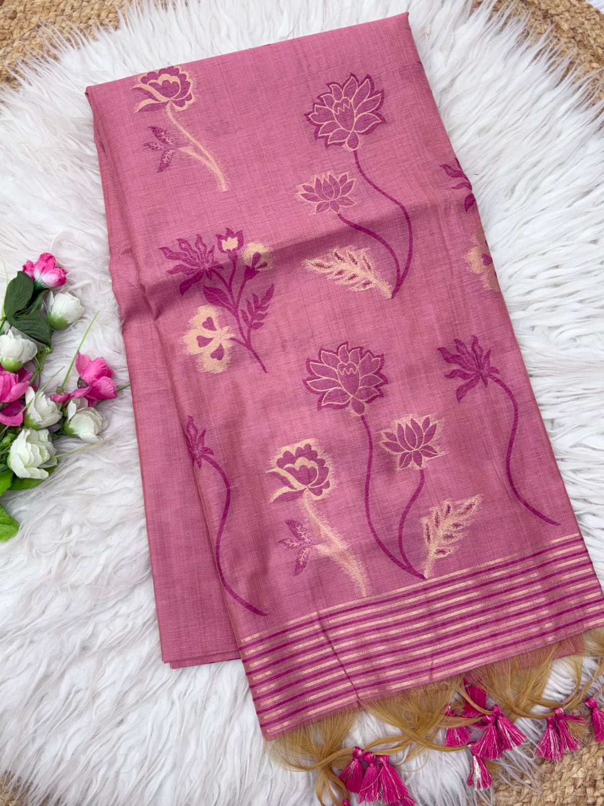 Pink Soft Muga Cotton Saree with Floral Pattern Saree