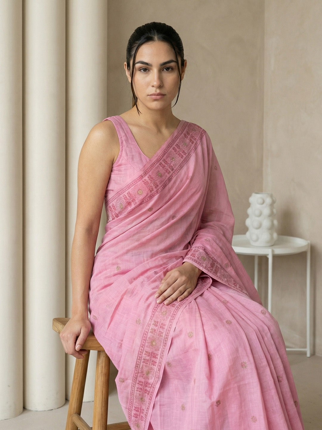 Pink Soft Muga Cotton with Handblock Kalamakri Pattern Saree
