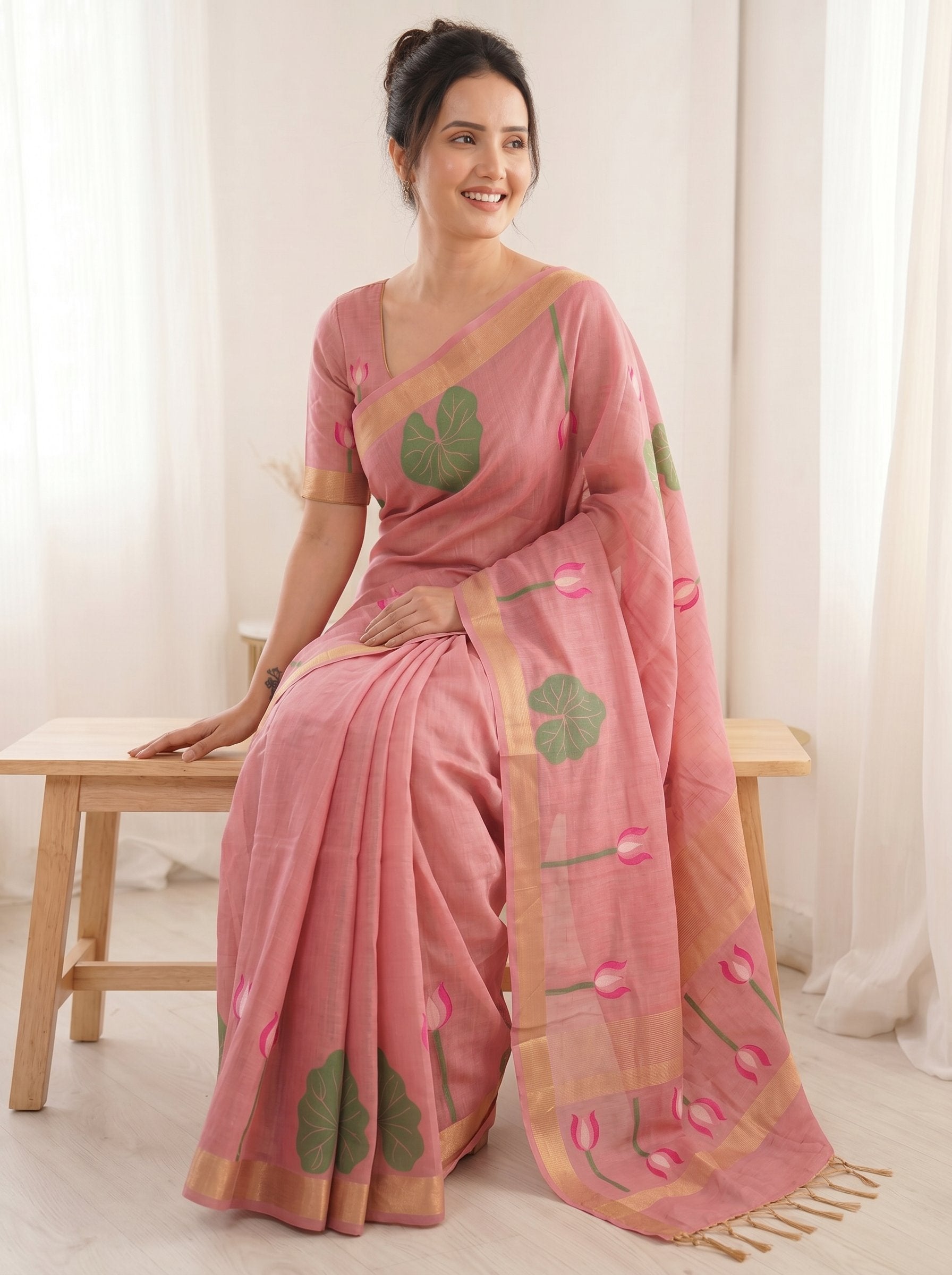 Pink Premium Soft Linen Cotton with Lotus &amp; Leafs Pattern Saree