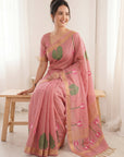 Pink Premium Soft Linen Cotton with Lotus & Leafs Pattern Saree