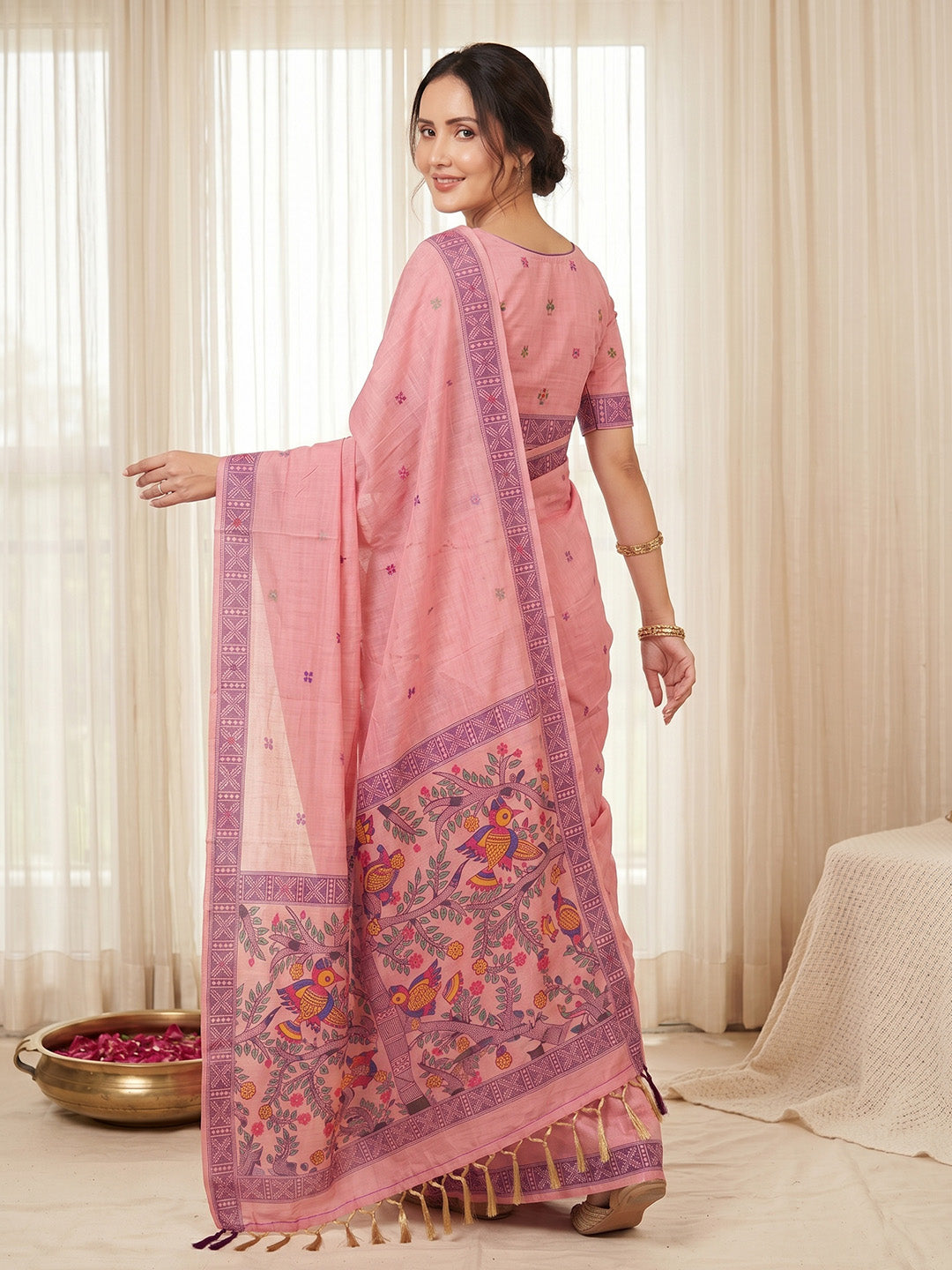 Pink Soft Muga Cotton with Kalamkari Style Bird Motif Narrative Pallu