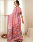 Pink Soft Muga Cotton with Kalamkari Style Bird Motif Narrative Pallu