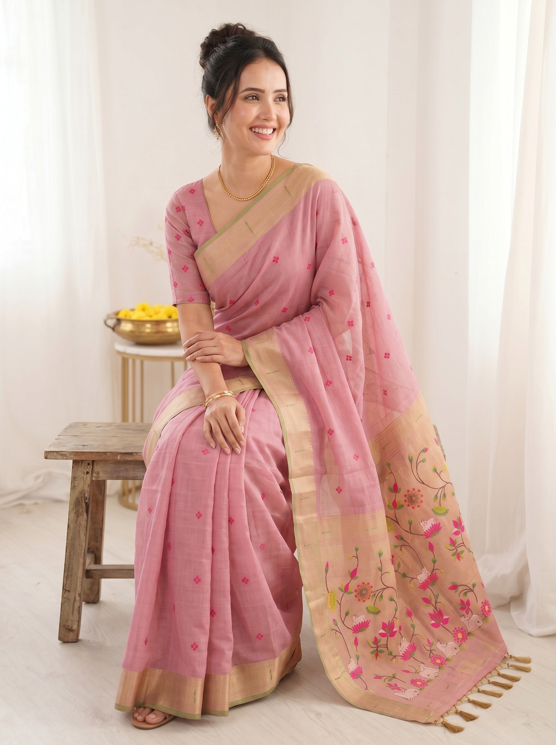 Pink Soft Linen Cotton Paithani Saree with Meenakari Pichwai Lotus Pallu