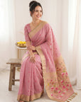 Pink Soft Linen Cotton Paithani Saree with Meenakari Pichwai Lotus Pallu