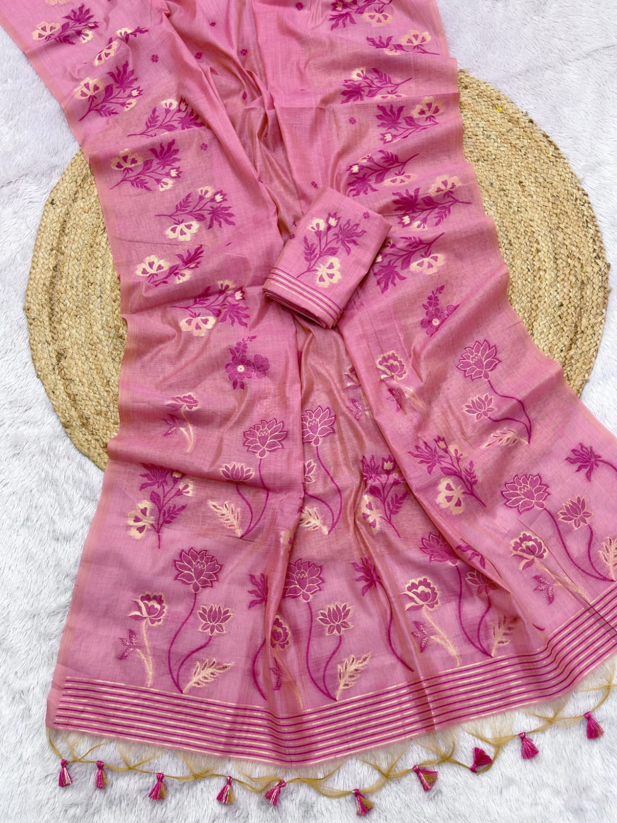 Pink Soft Muga Cotton Saree with Floral Pattern Saree