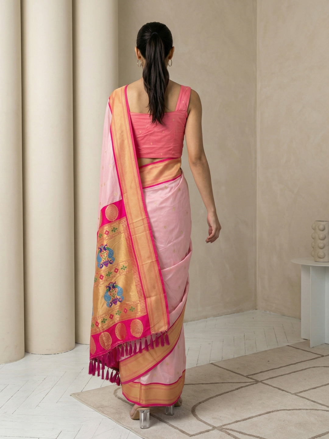 Baby Pink Soft Paithani Silk Zari Woven Saree with Peacock Pallu