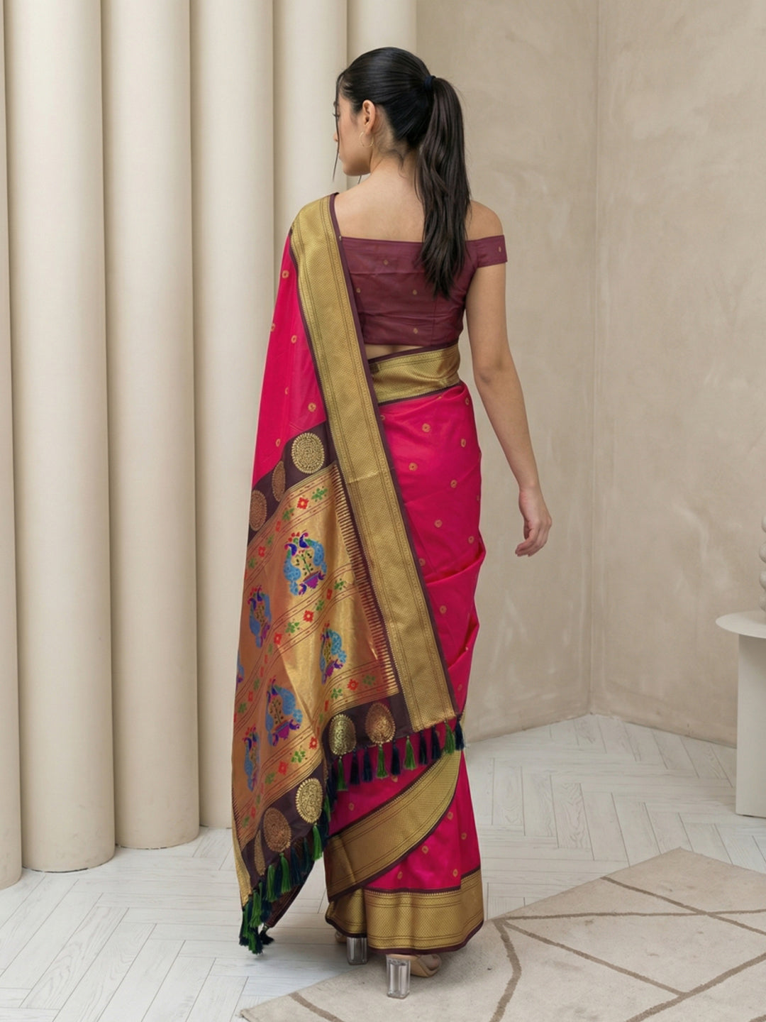 Pink Soft Paithani Silk Zari Woven Saree with Peacock Pallu