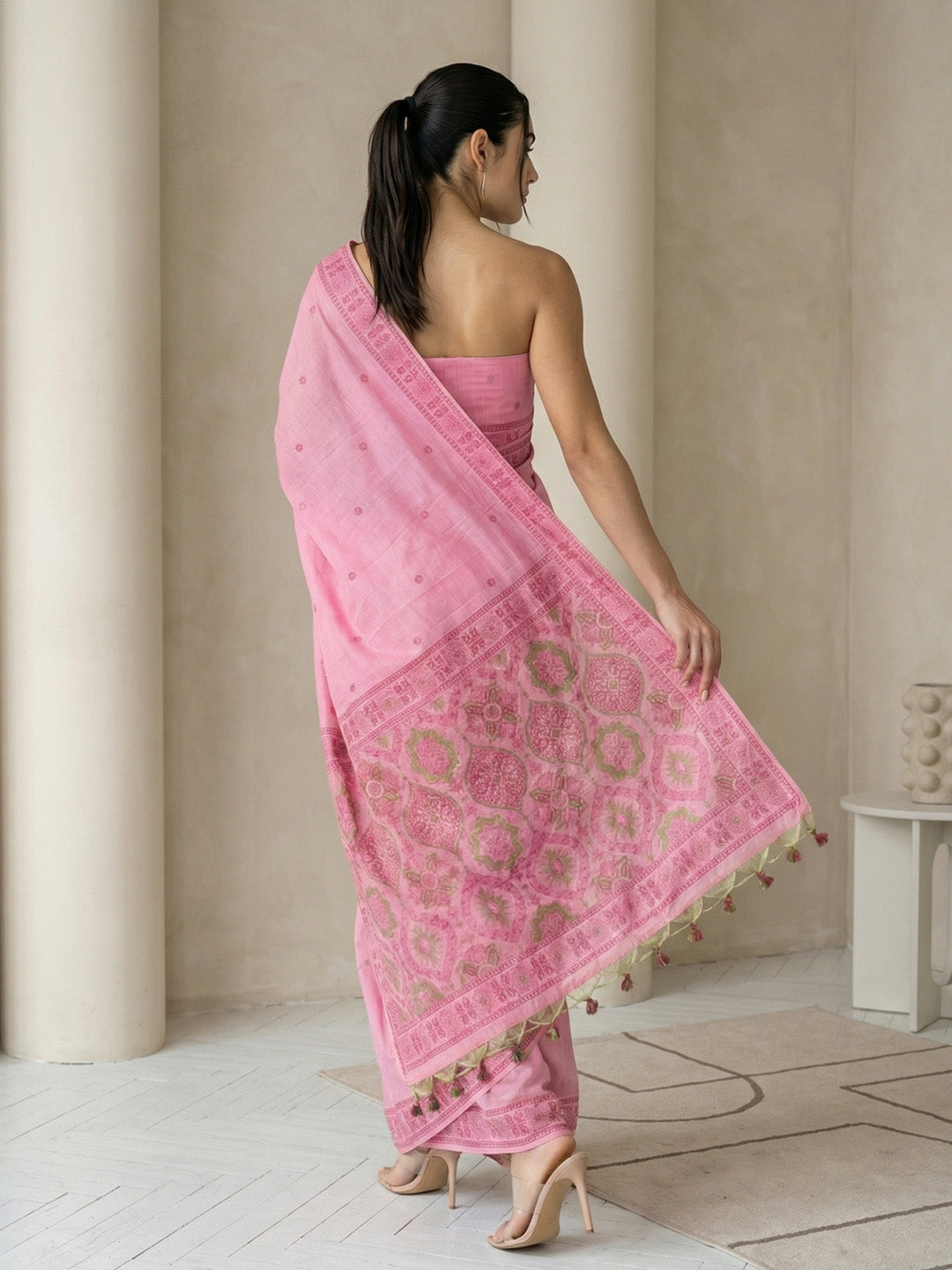 Pink Soft Muga Cotton with Handblock Kalamakri Pattern Saree