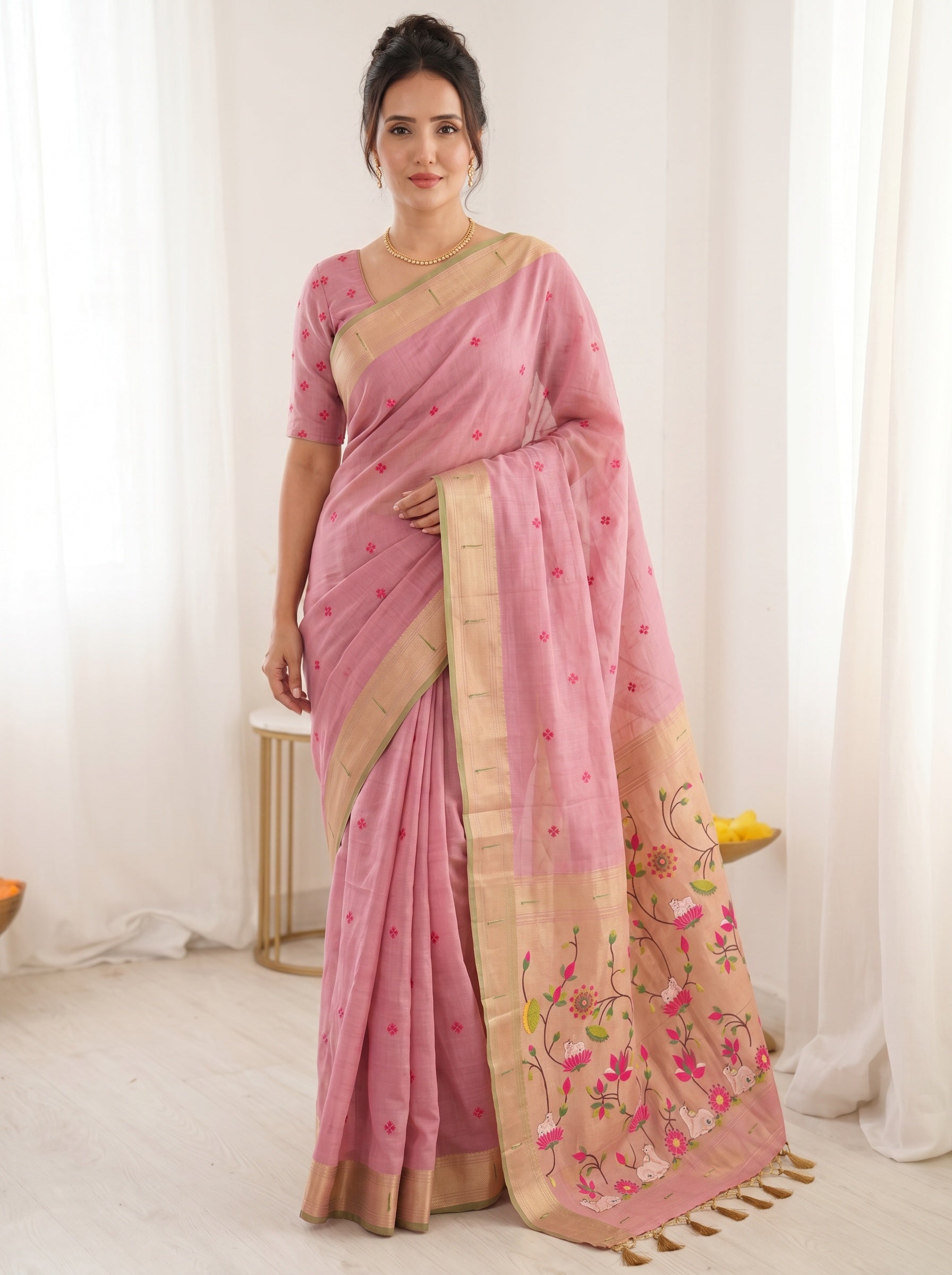 Pink Soft Linen Cotton Paithani Saree with Meenakari Pichwai Lotus Pallu