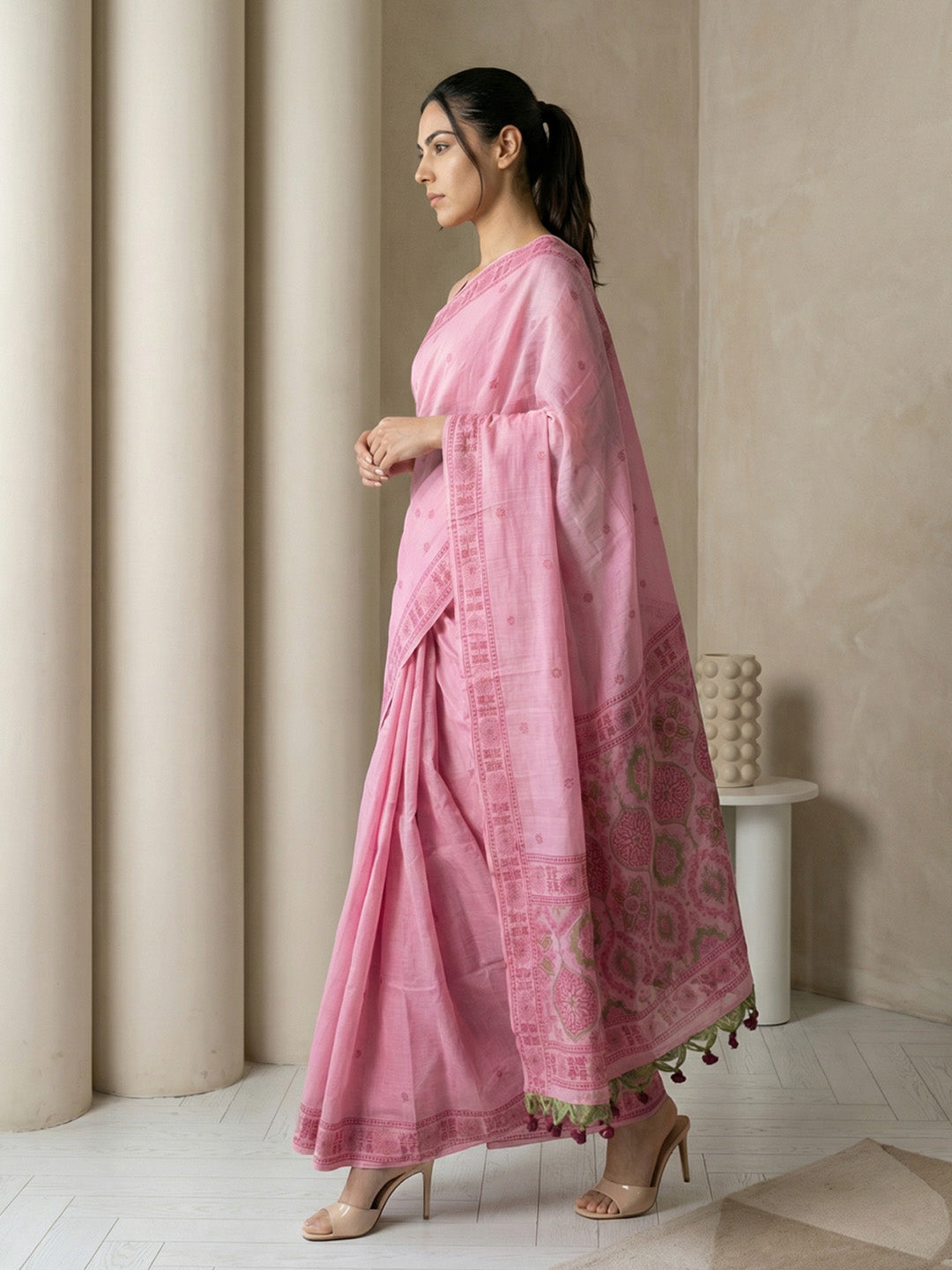 Pink Soft Muga Cotton with Handblock Kalamakri Pattern Saree