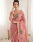 Pink Premium Soft Linen Cotton with Lotus & Leafs Pattern Saree