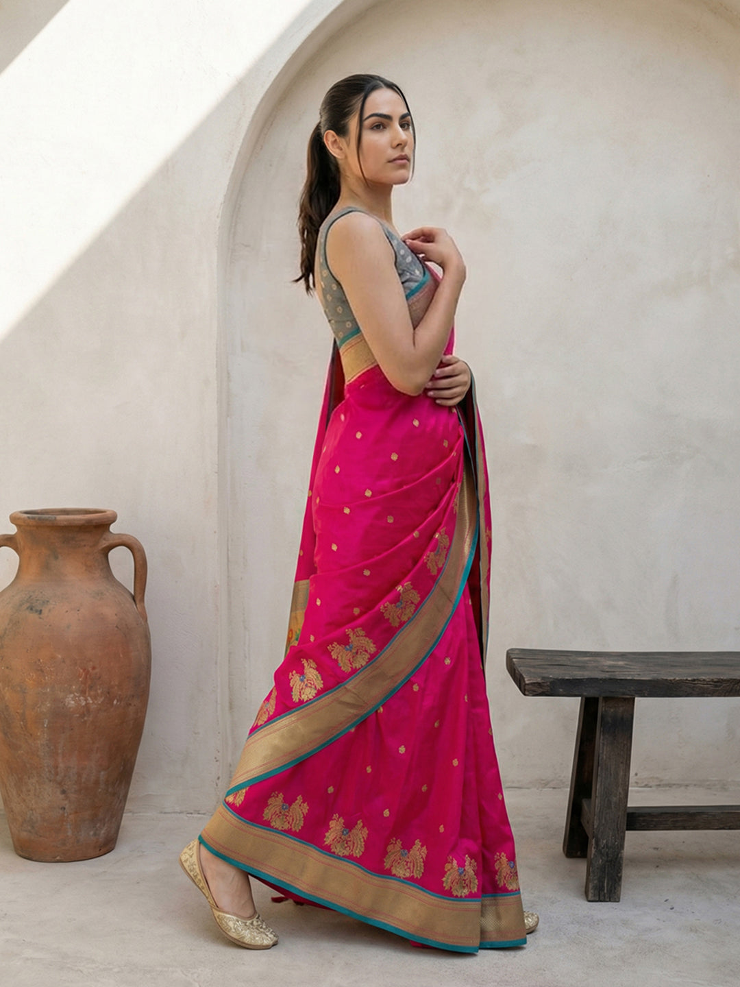 Pink Soft Traditional Paithani Silk Zari Woven Peacock Pattern Saree