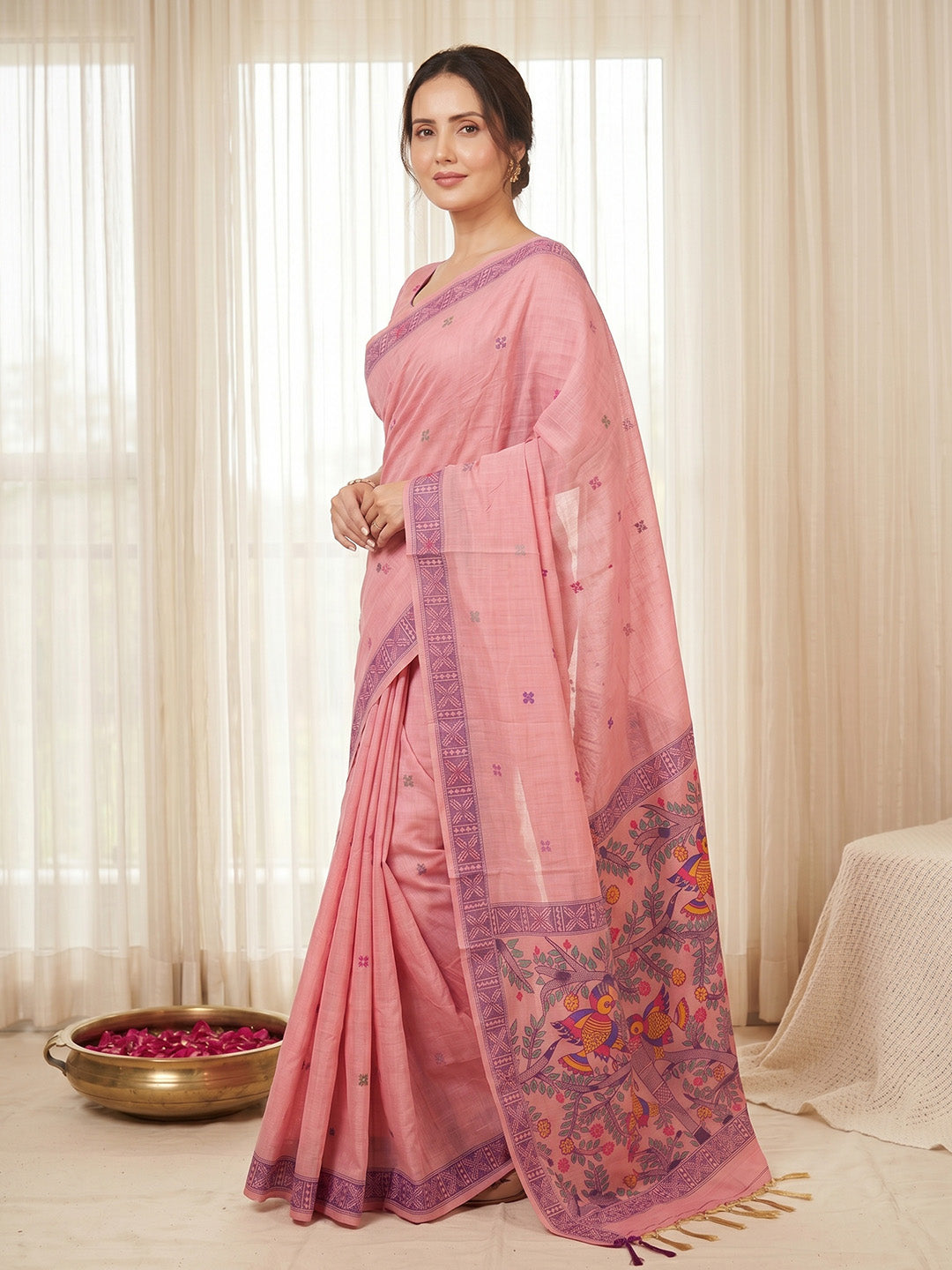 Pink Soft Muga Cotton with Kalamkari Style Bird Motif Narrative Pallu