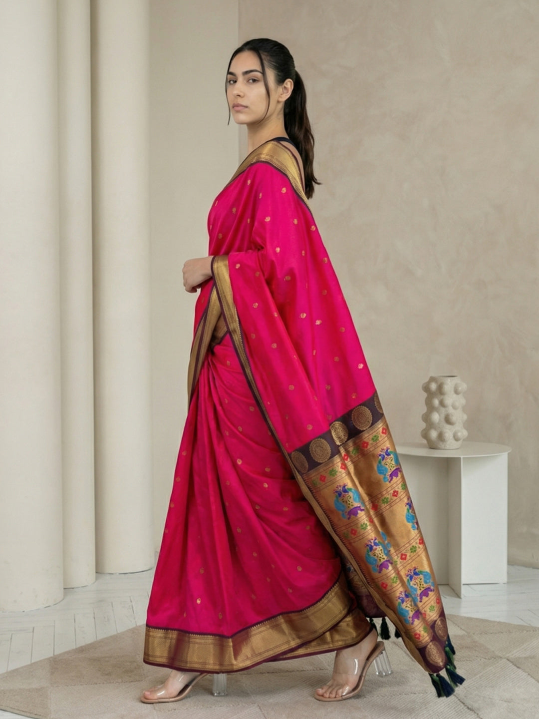 Pink Soft Paithani Silk Zari Woven Saree with Peacock Pallu