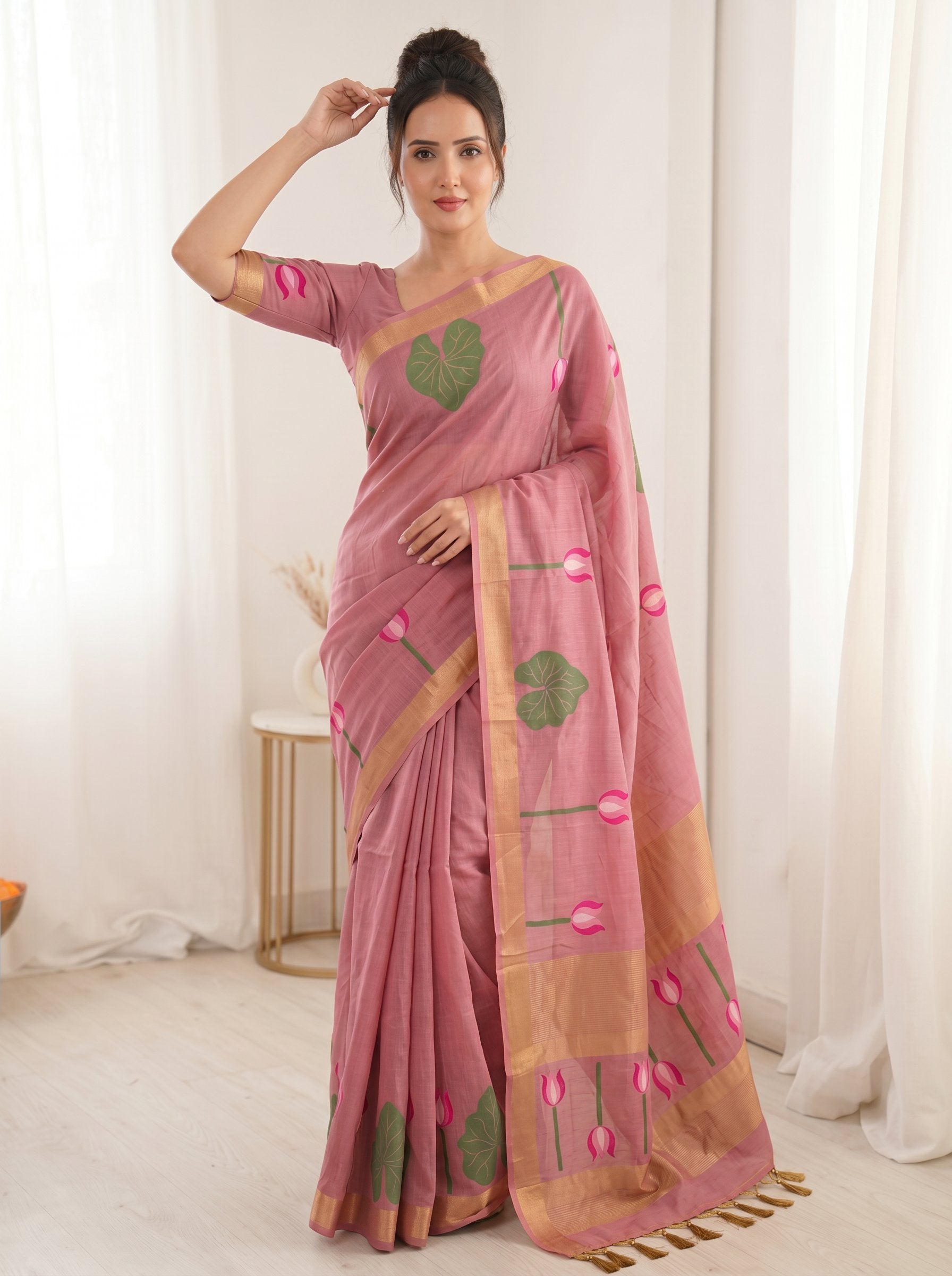 Pink Premium Soft Linen Cotton with Lotus &amp; Leafs Pattern Saree