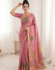 Pink Premium Soft Linen Cotton with Lotus & Leafs Pattern Saree