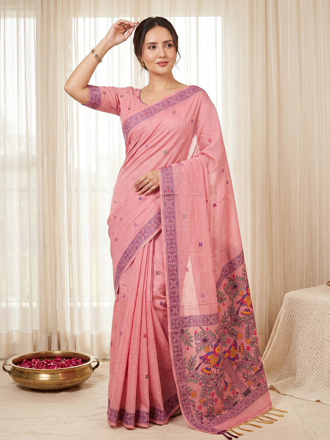 Pink Soft Muga Cotton with Kalamkari Style Bird Motif Narrative Pallu