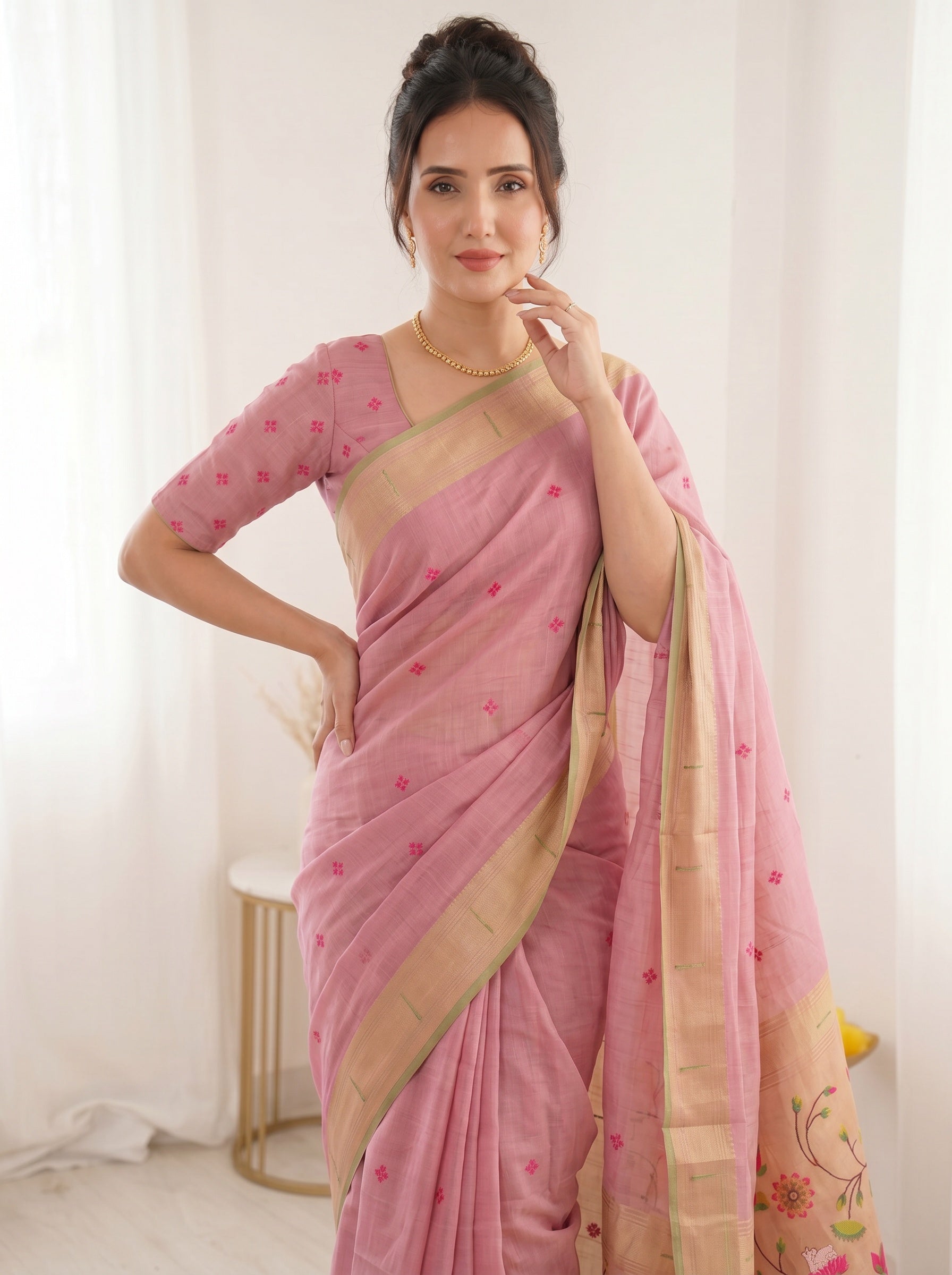 Pink Soft Linen Cotton Paithani Saree with Meenakari Pichwai Lotus Pallu