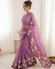 Pink Soft Oris Silk with Floral Applique Work Saree