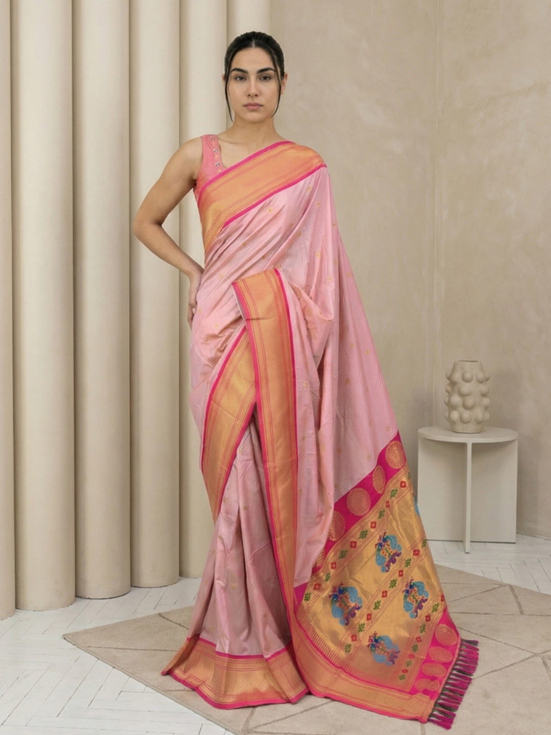Baby Pink Soft Paithani Silk Zari Woven Saree with Peacock Pallu