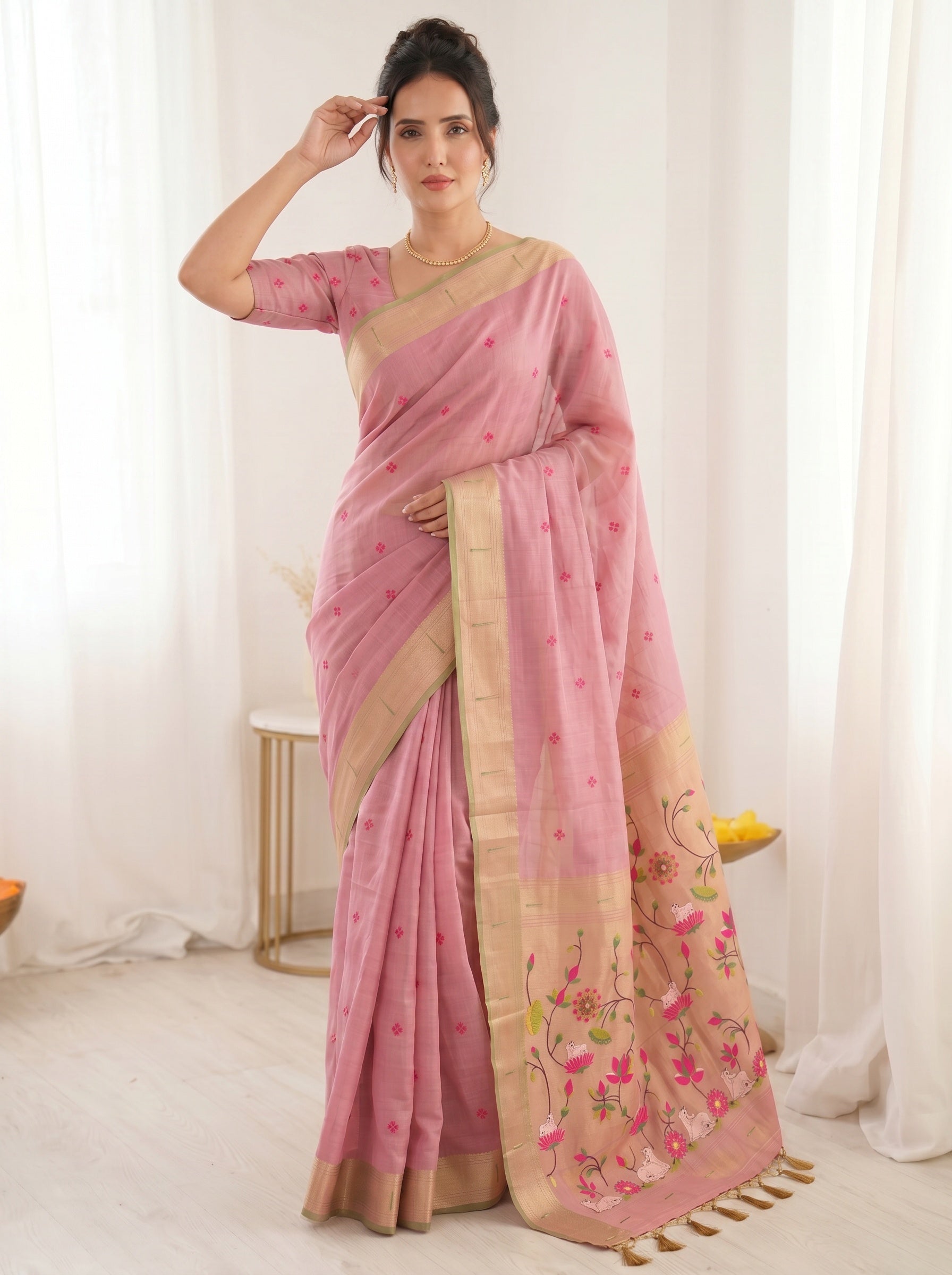 Pink Soft Linen Cotton Paithani Saree with Meenakari Pichwai Lotus Pallu