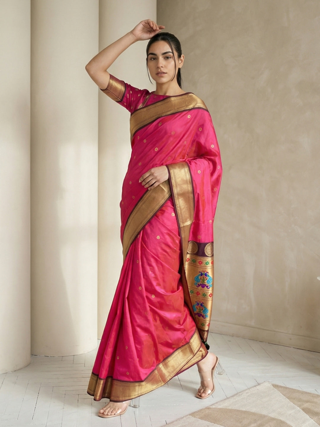 Pink Soft Paithani Silk Zari Woven Saree with Peacock Pallu