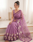 Pink Soft Oris Silk with Floral Applique Work Saree
