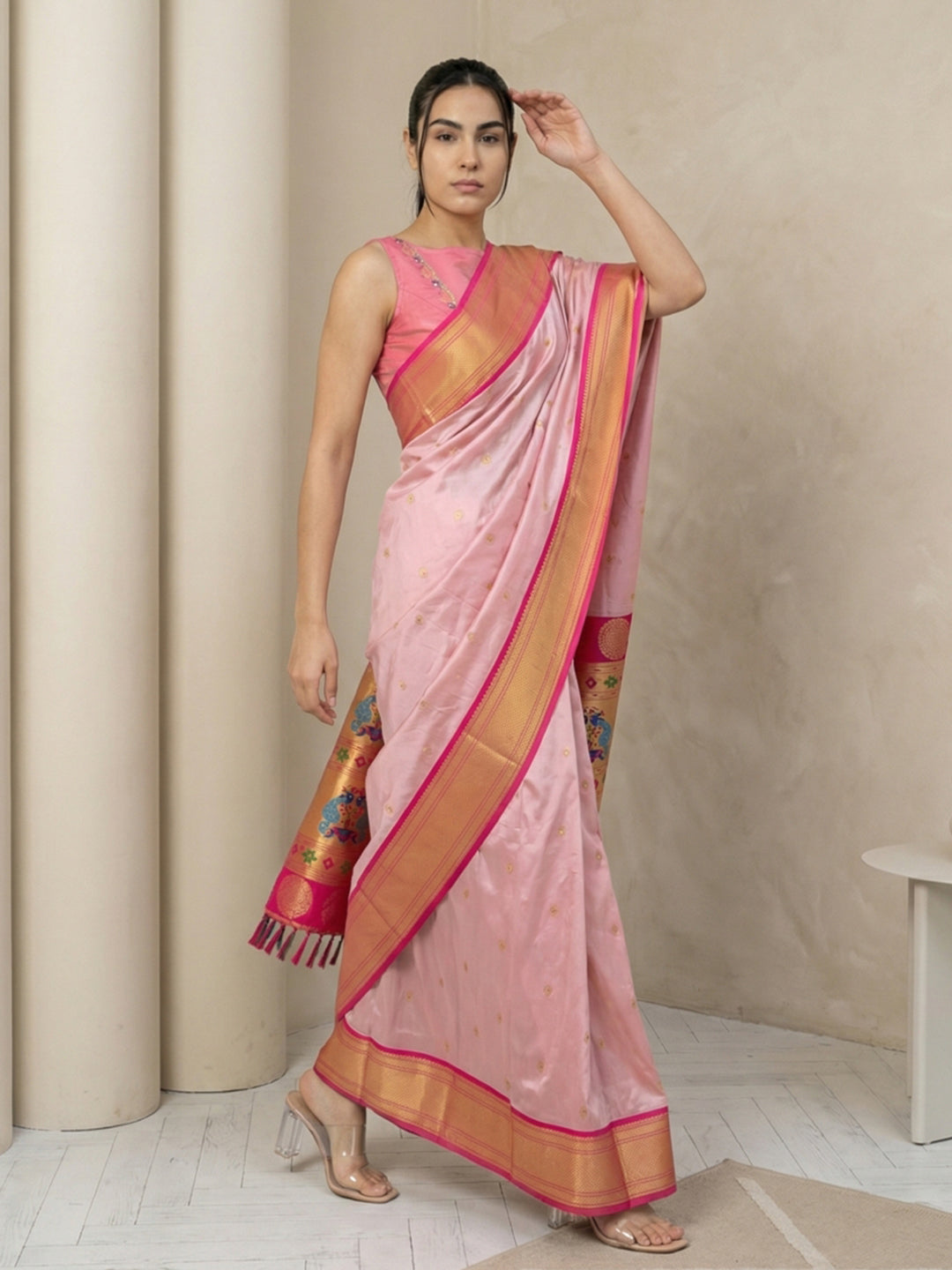 Baby Pink Soft Paithani Silk Zari Woven Saree with Peacock Pallu