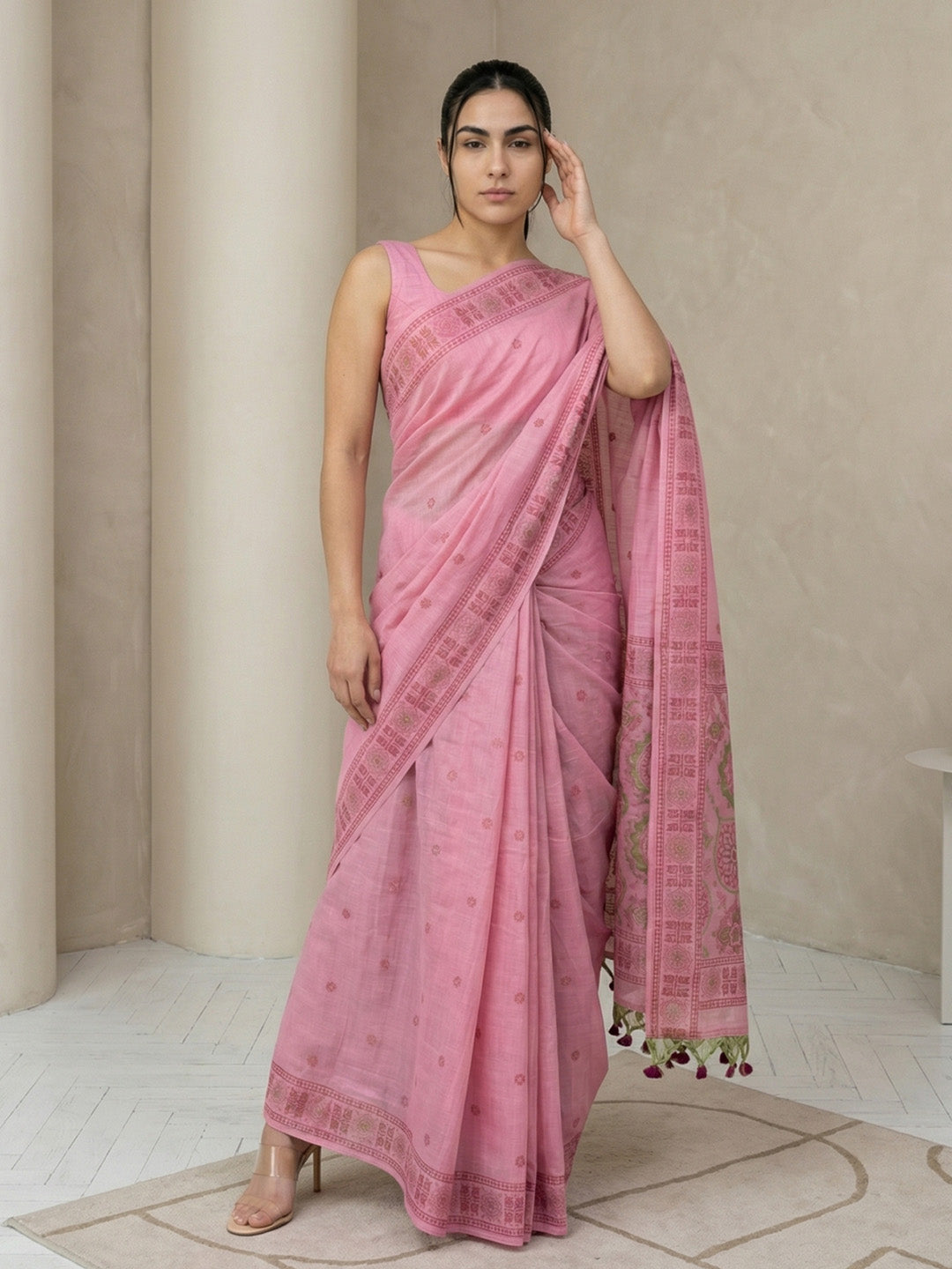 Pink Soft Muga Cotton with Handblock Kalamakri Pattern Saree