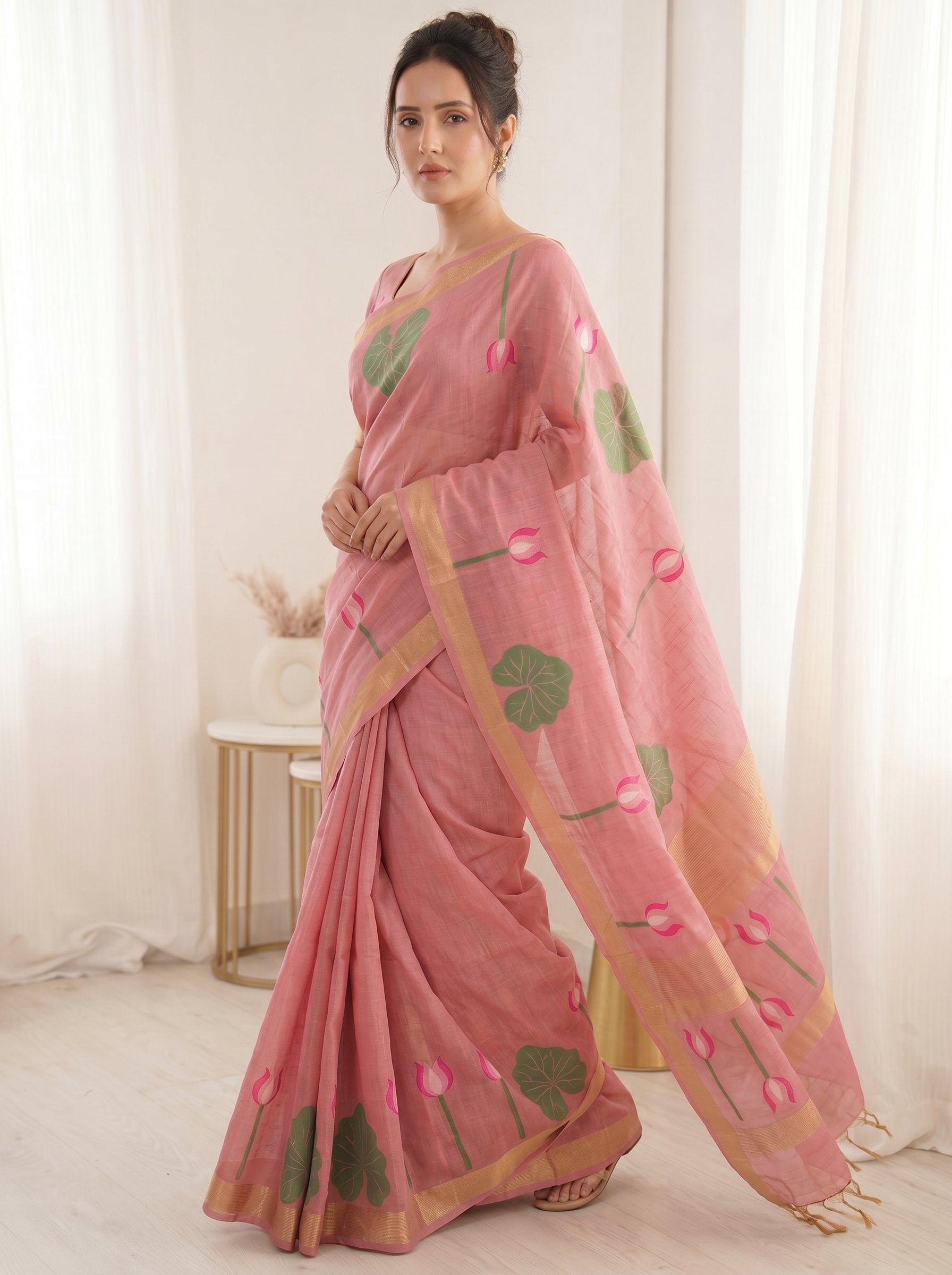 Pink Premium Soft Linen Cotton with Lotus &amp; Leafs Pattern Saree
