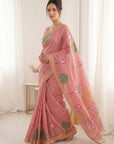 Pink Premium Soft Linen Cotton with Lotus & Leafs Pattern Saree